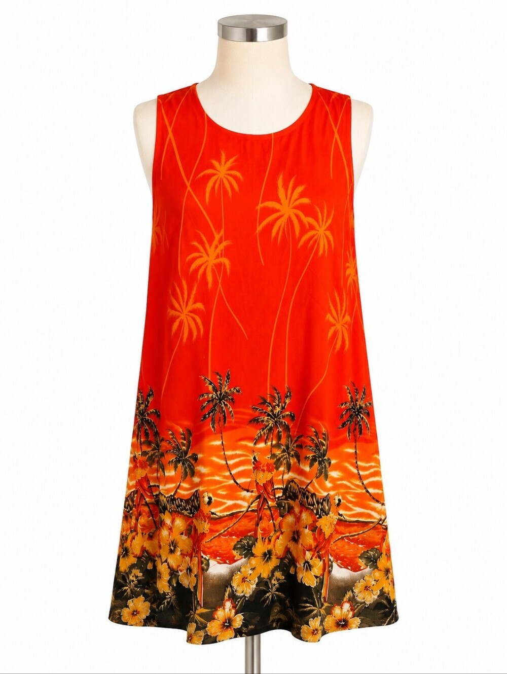 Tiki Palm Orange Embellished Tropical Print Sleeveless Midi Dress Sz L Beach